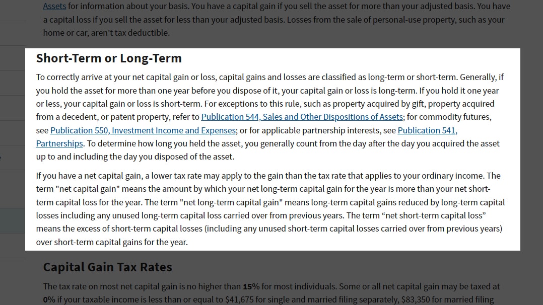 IRS Short-Term or Long-Term Capital Gains