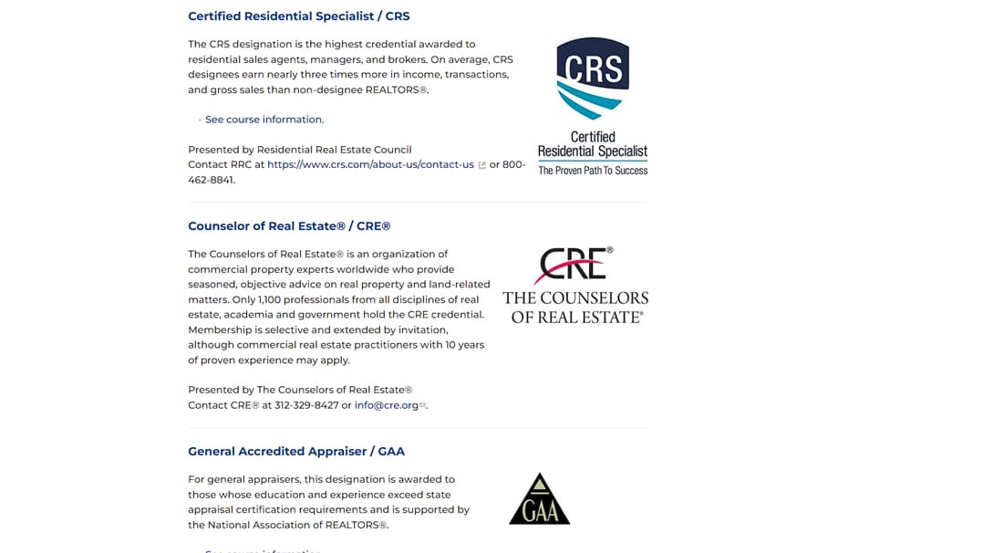 National Association of Realtors Designations and Certifications