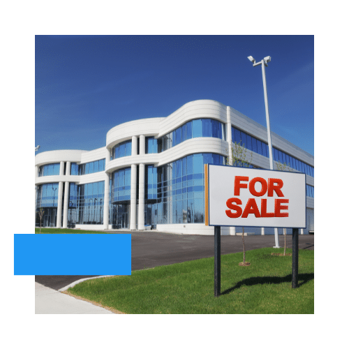 A 'For Sale' sign stands in front of a spacious building, offering property management services.