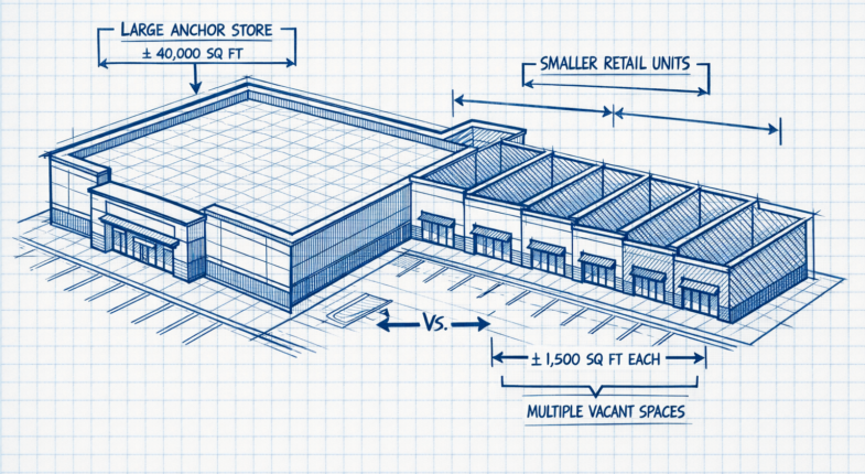 Strip mall with prominent anchor tenant storefront