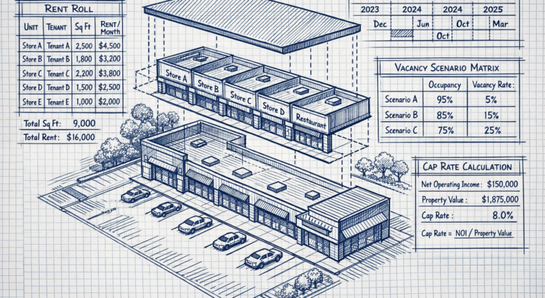 Investor reviewing strip mall financial documents