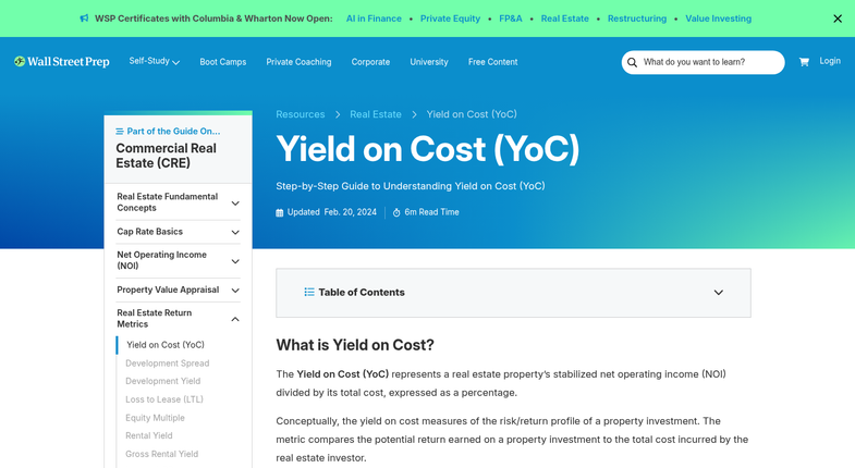 Yield-on-cost calculation for tenant improvements