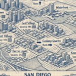 San Diego commercial district skyline and storefronts