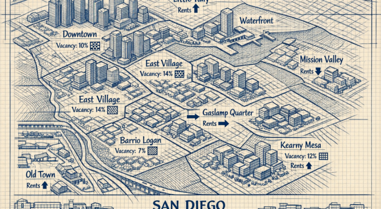 San Diego commercial district skyline and storefronts