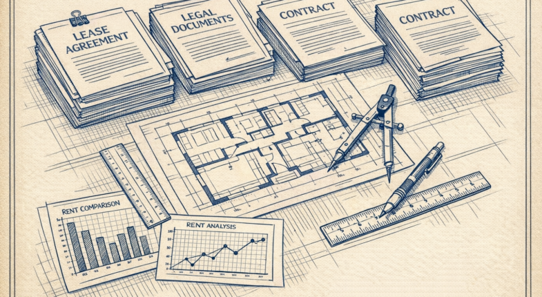 Landlord reviewing lease documents and market data