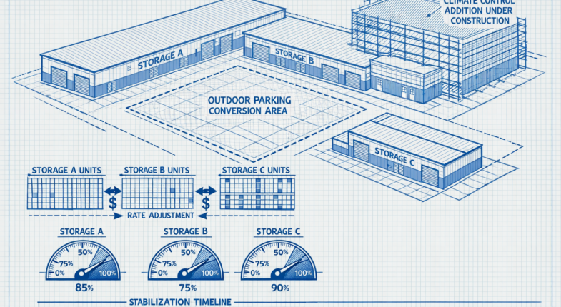 Investor reviewing self-storage facility renovation plans